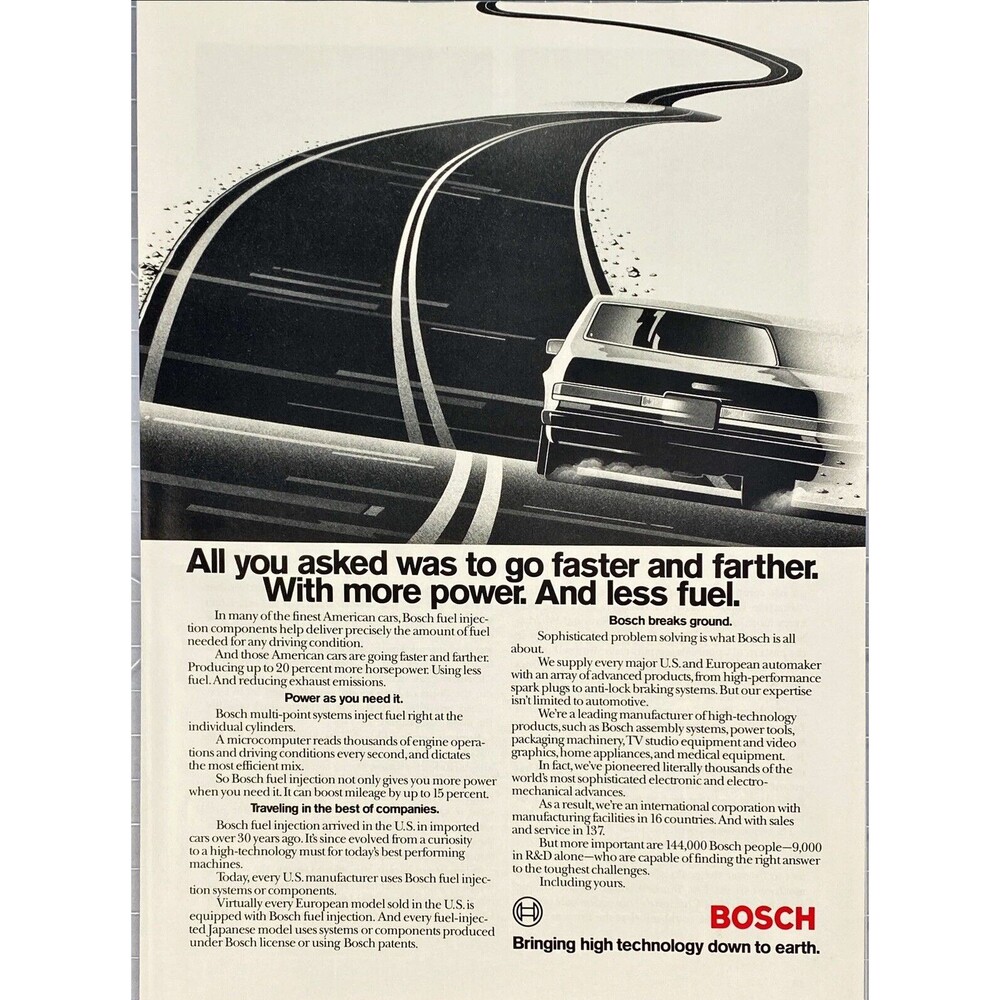 BOSCH "Bringing High Technology to Finest American Cars"  Vintage Print Ad 1986